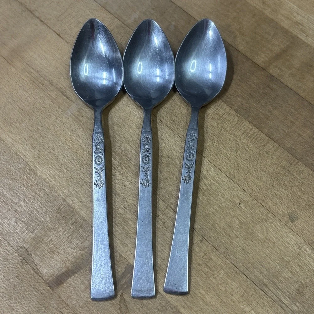 Lot 3 EKCO Cantina Stainless Steel Teaspoons Floral Pattern Flatware Korea